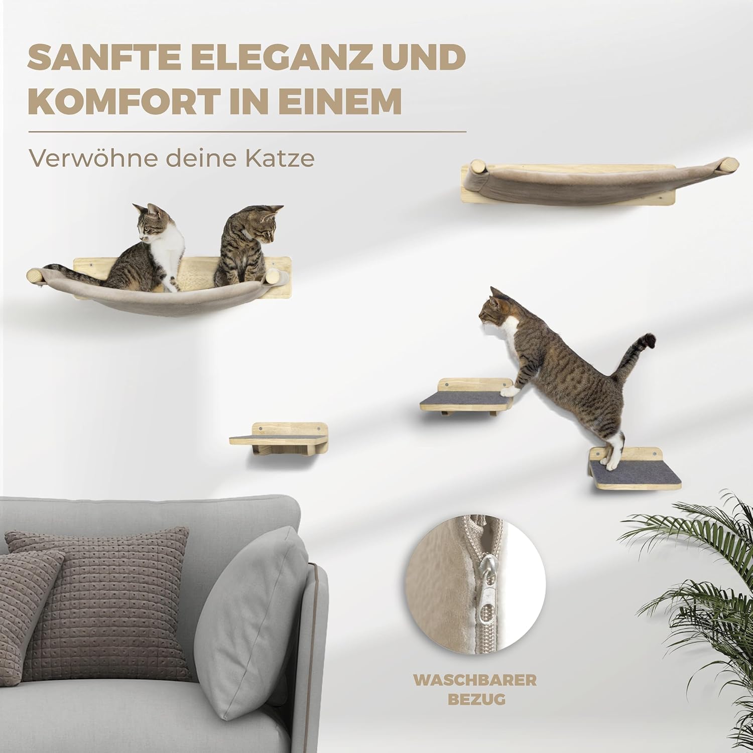 Thumbnail 5 de WOOWOOD® Kletterwand Katzen-Set „Naturhell“ (Wandkratzbaum mit Hängematte)