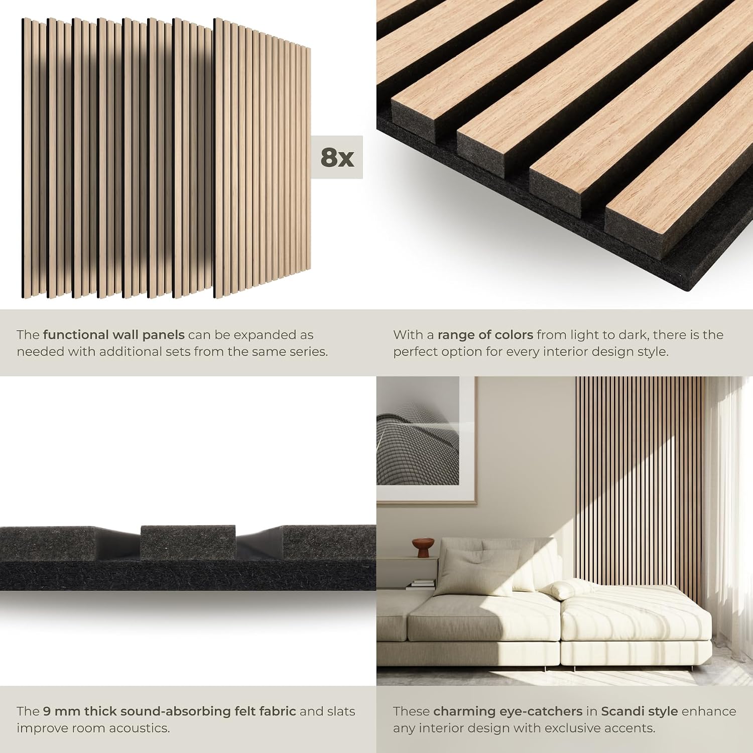 Detalle de tectake® Sonic Wall IV akustikpaneler, 8-pack i ljus ek, skärbara 110 x 50 cm