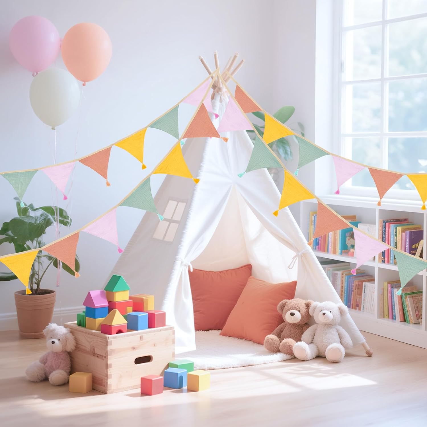 Thumbnail 4 de jijAcraft Wimpelkette für Kinderzimmer mit Quasten (Musselin), 2,8 m, gelb rosa – doppelseitig