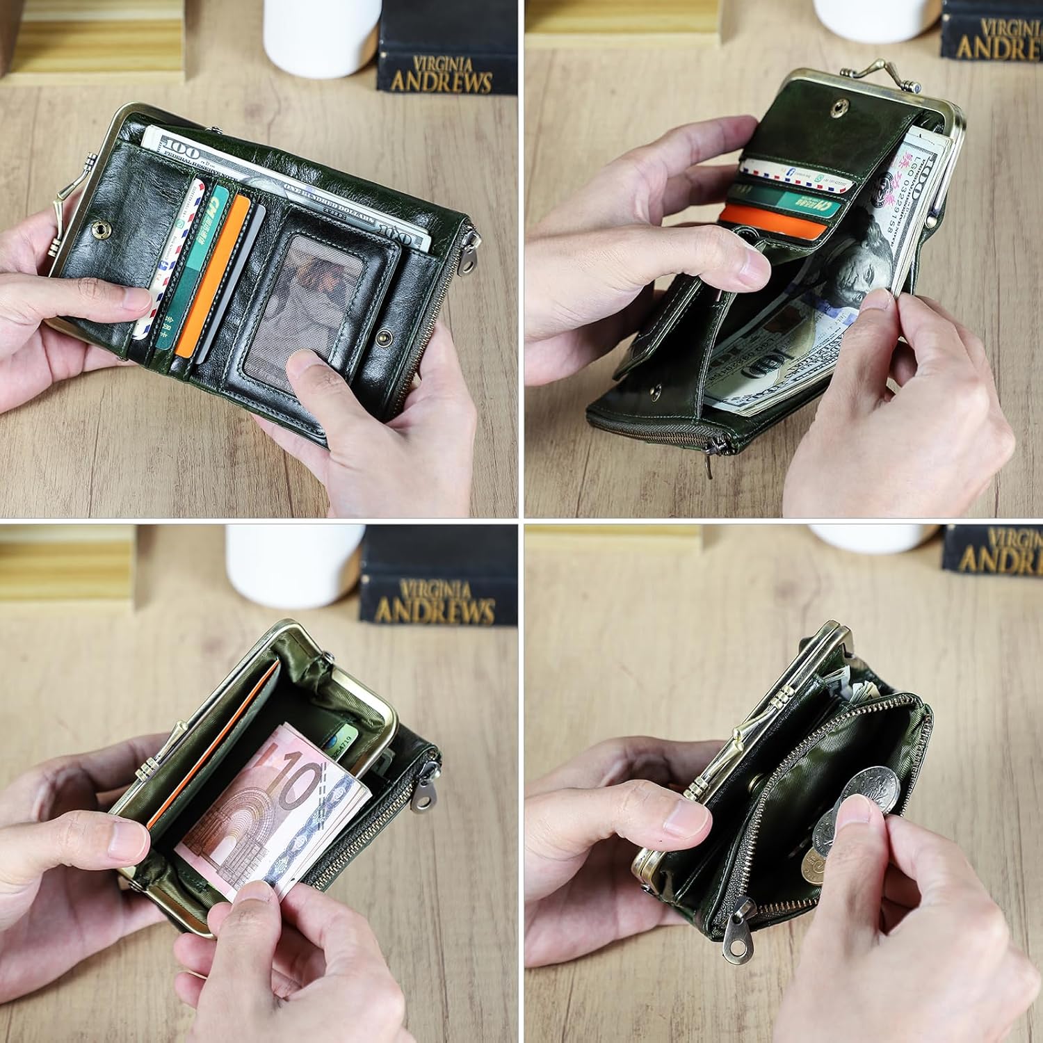 Thumbnail 4 de CONTACTS Women’s RFID Wallet with Kiss Lock – genuine leather compact bifold coin purse with zip & card slots in dark green