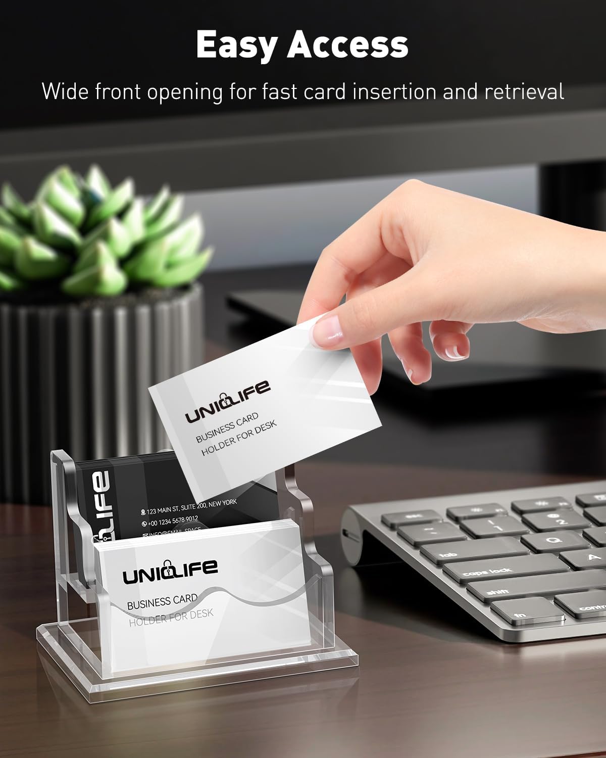 Thumbnail 4 de Uniclife porte-cartes de visite horizontal transparent en acrylique, 2 emplacements (jusqu’à 120 cartes) pour bureau