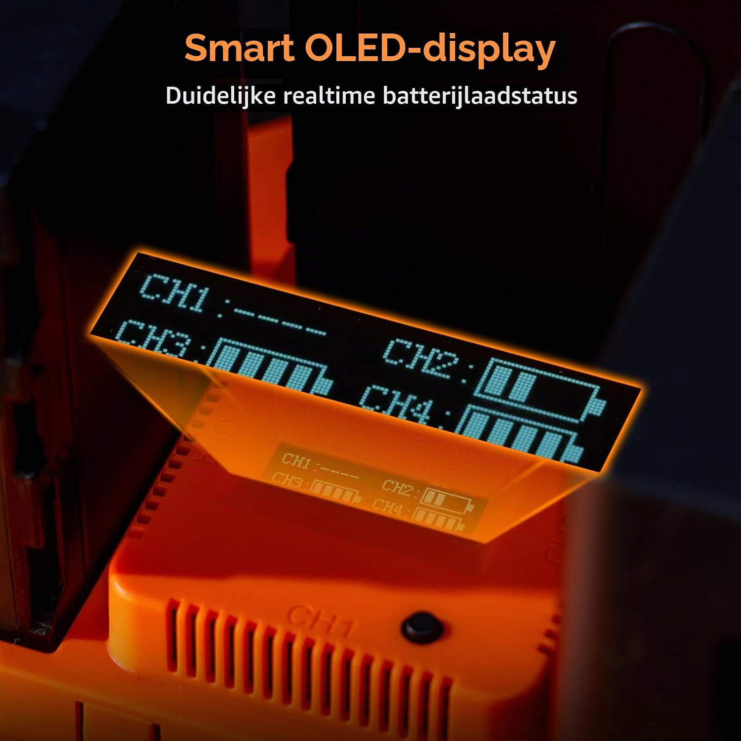 Detalle de SMALLRIG 4834 4-kanaals acculader met OLED, PD 100 W en vier NP-F970-accu's