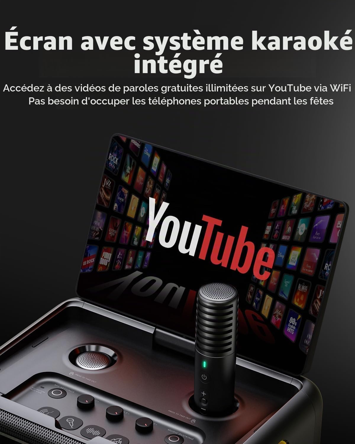 Detalle de Ikarao Break X2 karaoke-installatie met 10,1-inch touchscreen en 2 microfoons