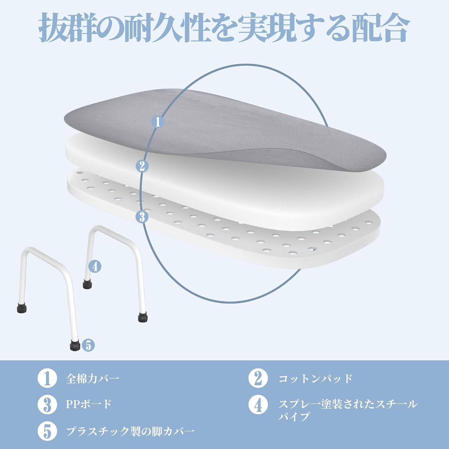 Detalle de VECELO KHD-EK-TS1-GRY 折りたたみアイロン台 61×36cm・1.3kg、カーブ形状