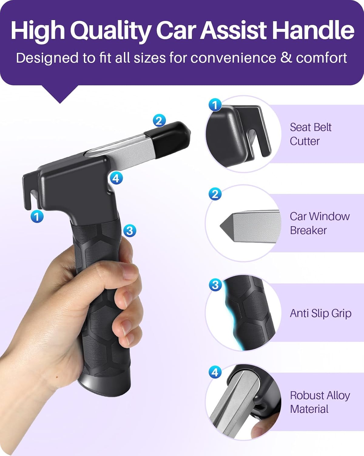 Detalle 2 de Kekoy 4 in 1 Car Door Handle for Disabled (2 Pack) – All‑Round Mobility Aid with Window Breaker & Seat Belt Cutter