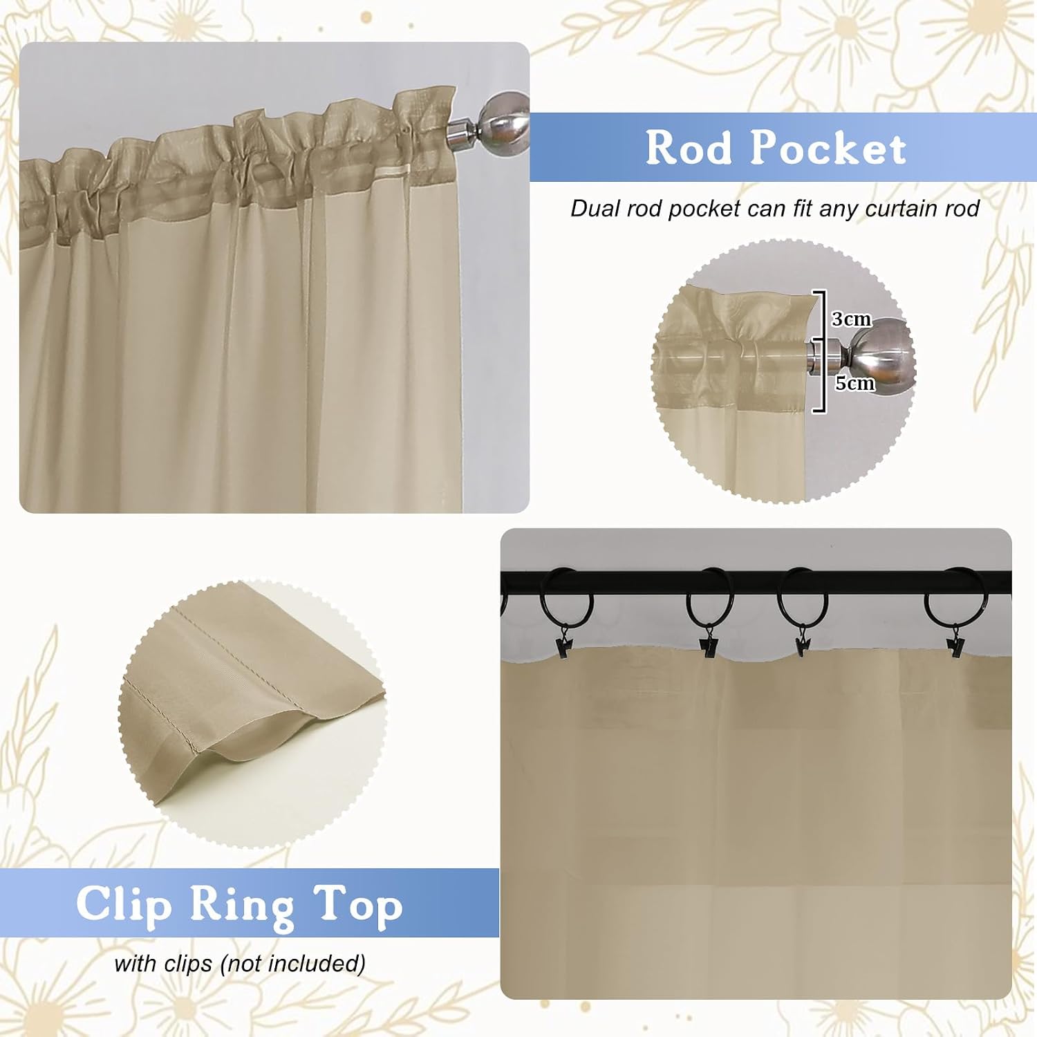 Thumbnail 2 de Simplebrand Taupe Sheer Curtains – 2 Panels, 150 cm W x 183 cm L, Light Filtering Voile Curtains for Living Room