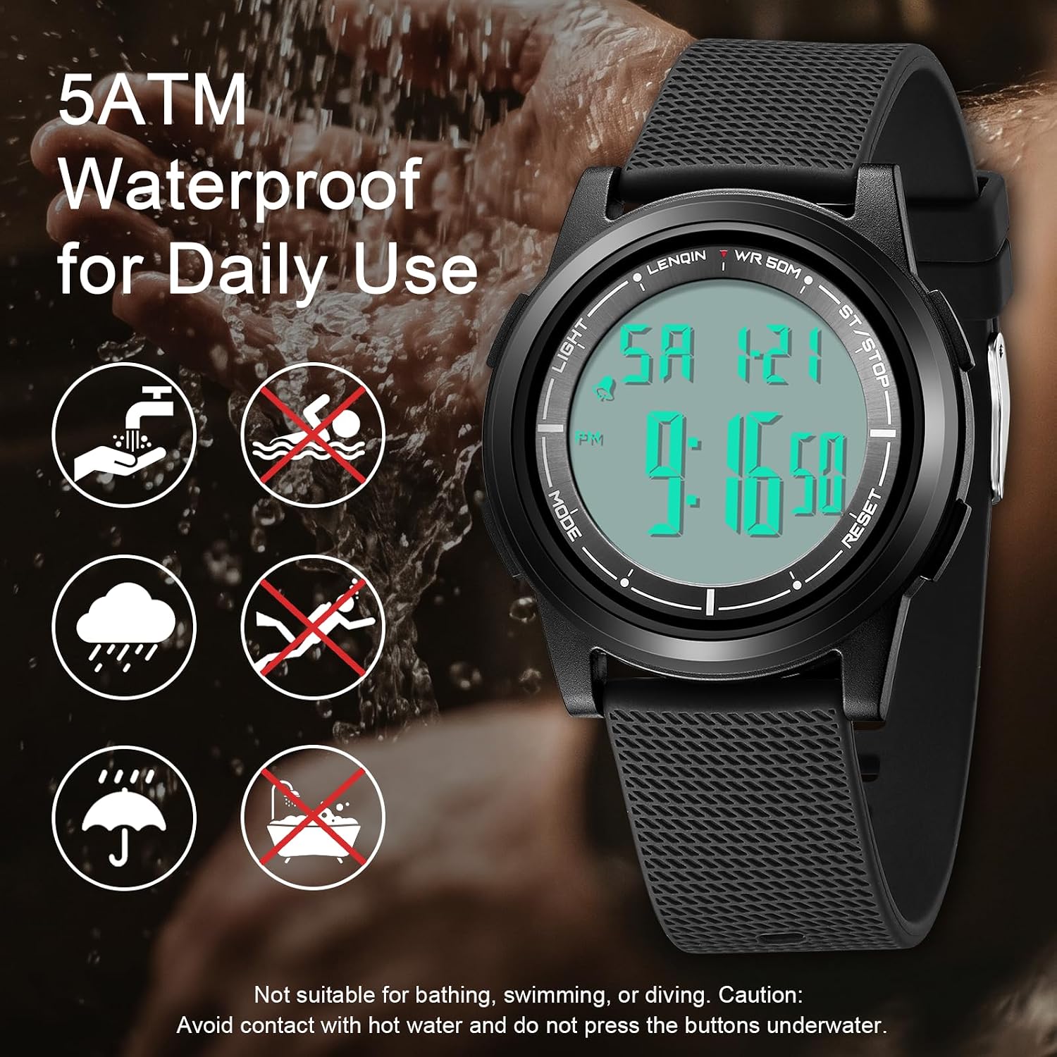 Detalle de HANPOSH Mens Watches Digital Watch – 30m Waterproof, EL Backlight, Stopwatch and Alarm