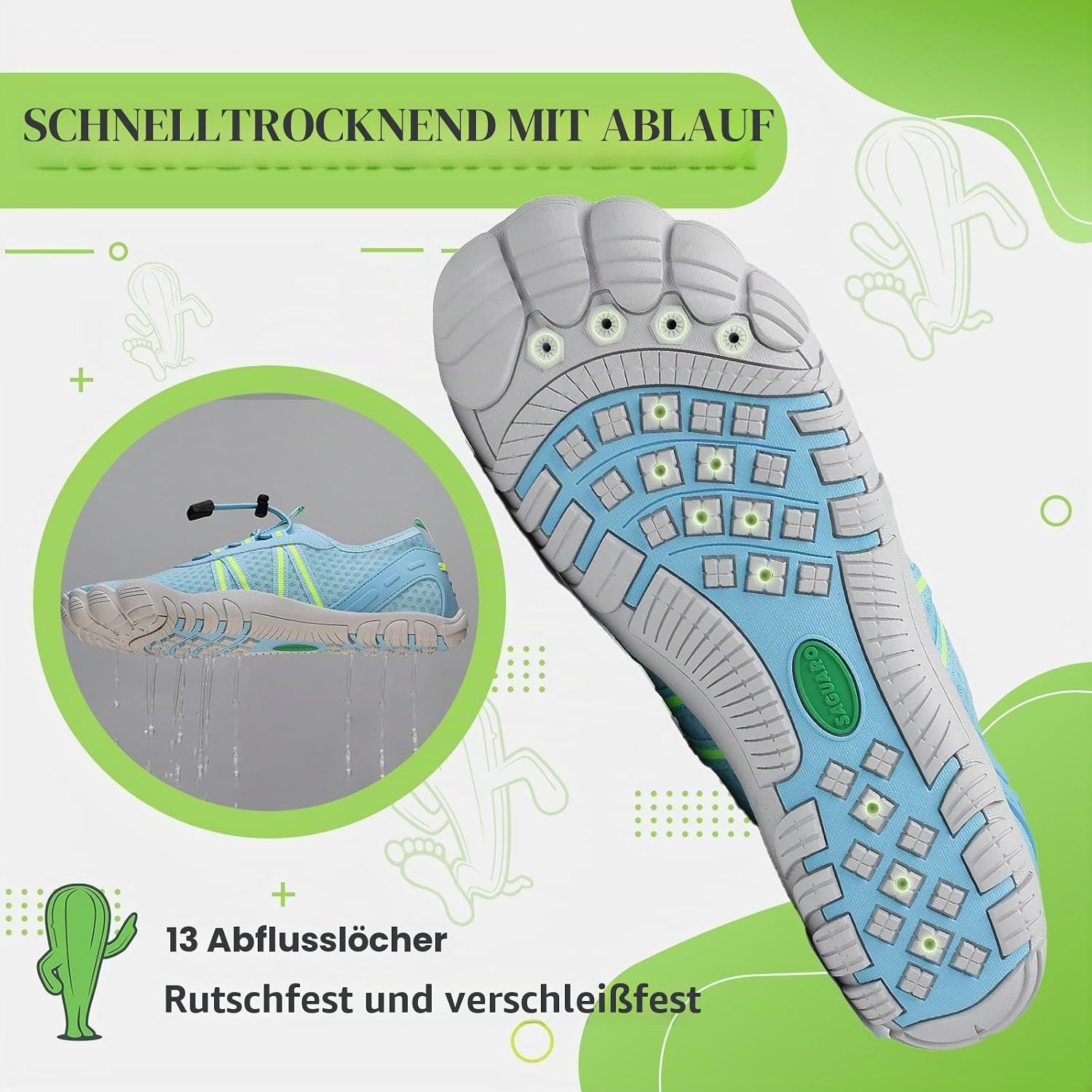 Detalle de SAGUARO Unisex Barfuß Badeschuhe – rutschfest, schnelltrocknend, mit Drainagelöchern (Gr. 36–48)