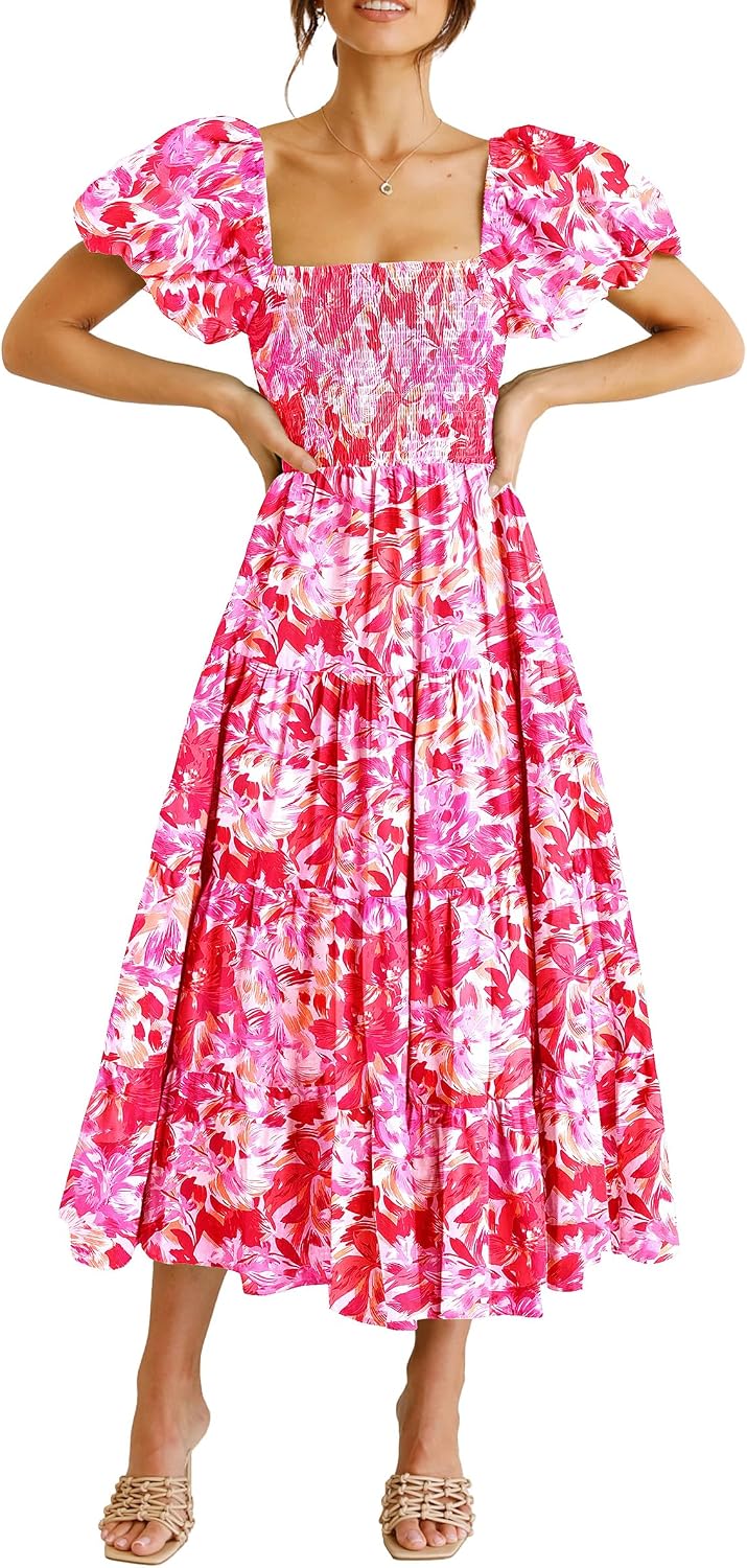 Detalle de PRETTYGARDEN Women’s Casual Summer Midi Dress with Smocked Square Neck & Tiered Ruffles