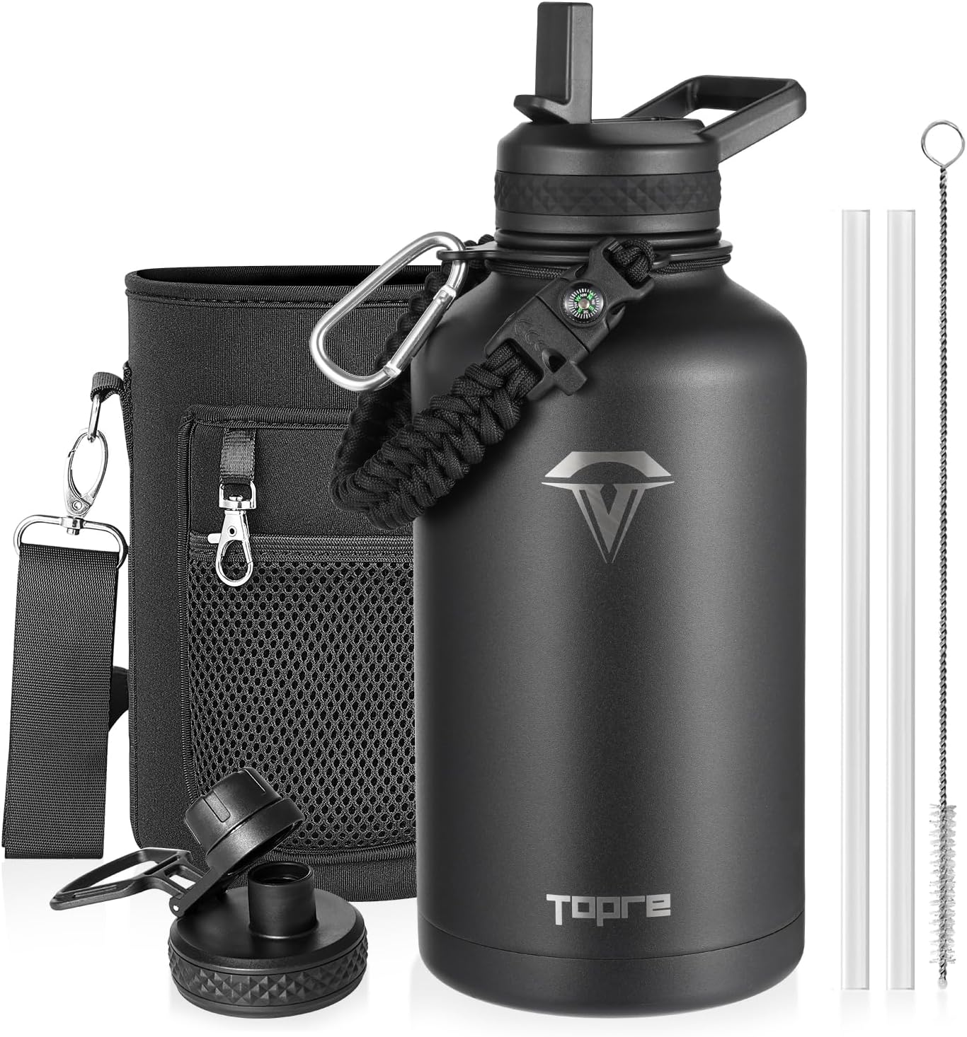 Detalle de Topre 64oz Insulated Water Bottle: Half Gallon Stainless Steel Jug with Dual Lids and Paracord Survival Kit