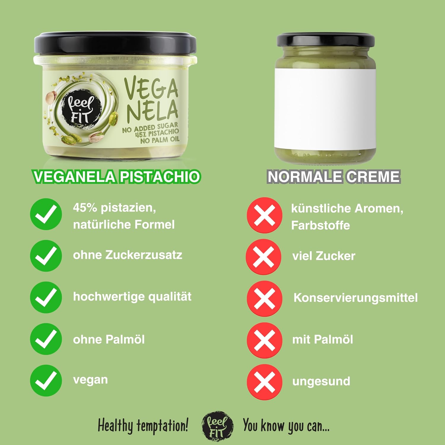 Detalle 2 de Feel FIT VEGANELA Pistaziencreme mit 45% Pistazien – veganer Brotaufstrich ohne Zucker, 200 g