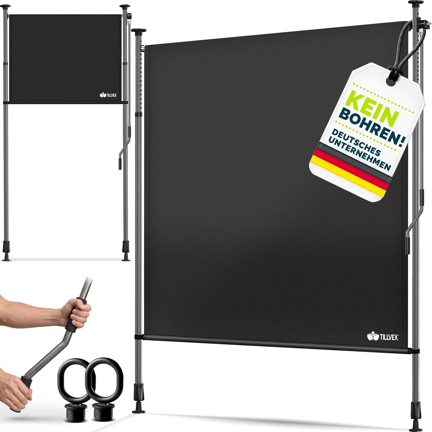 Detalle de tillvex® Klemmmarkise Senkrechtmarkise mit Handkurbel – Sichtschutz & Wetterfestes Balkonrollo ohne Bohren (Schwarz, 120x310 cm)