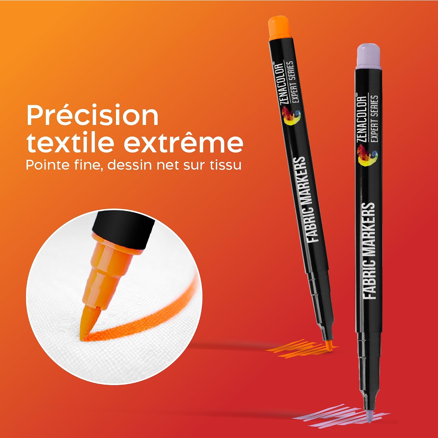 Detalle 2 de Set de 20 marqueurs textile Zenacolor – Feutres textile non toxiques, indélébiles à pointe fine pour t-shirt et tissus