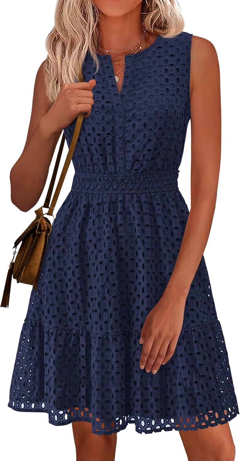 Detalle de PRETTYGARDEN Women's Summer Dresses 2026 Sleeveless V Neck Eyelet Hollow Out Swing A-Line Beach Vacation Sun Dress