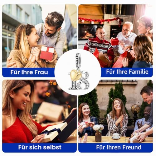 Detalle 2 de PANPOKI Zahl Charm für Armband & Halskette – Sterling Silber 925 mit Zirkon & 18K vergoldetem Herz