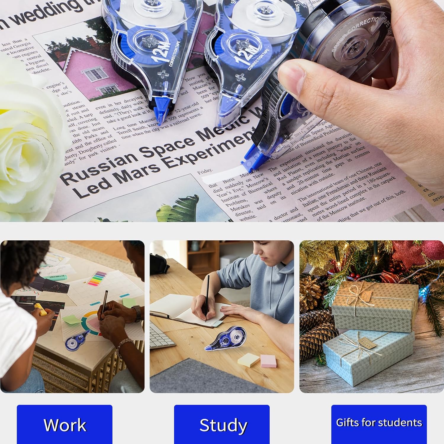 Thumbnail 5 de Jewan Bianchetto a Nastro – 10 Pezzi Correttore a Nastro 12 m x 5 mm, con Cappuccio Protettivo