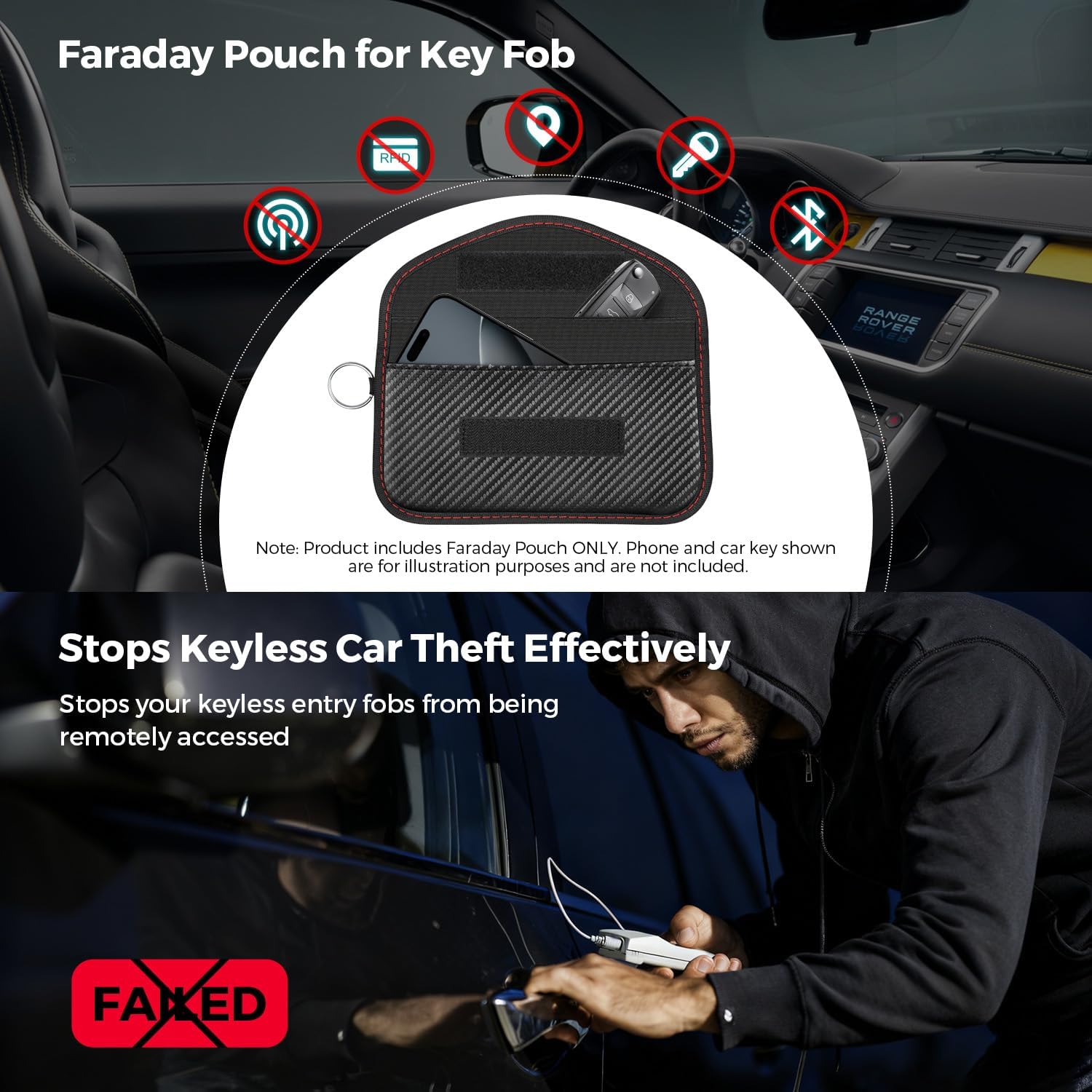 Detalle 2 de XTRONS Faraday Pouch for Car Keys & Phone (RFID Signal Blocking) with Sturdy Hook, Black