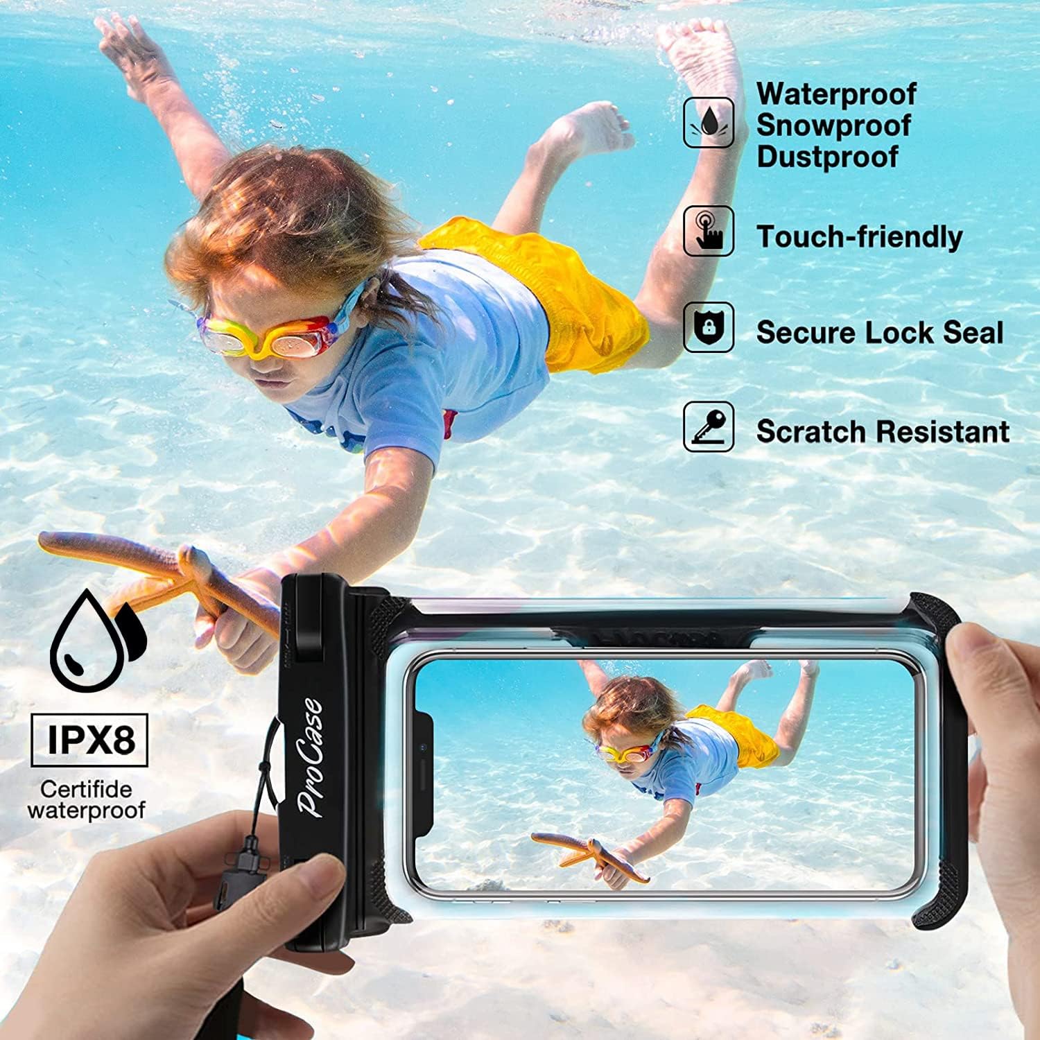 Detalle de ProCase 2 Pack Waterproof Phone Pouch with Neck Strap – Underwater Case for iPhone 15/14/Pro Max and Galaxy S23/S24 Series (Up to 7.0 inches) – Black