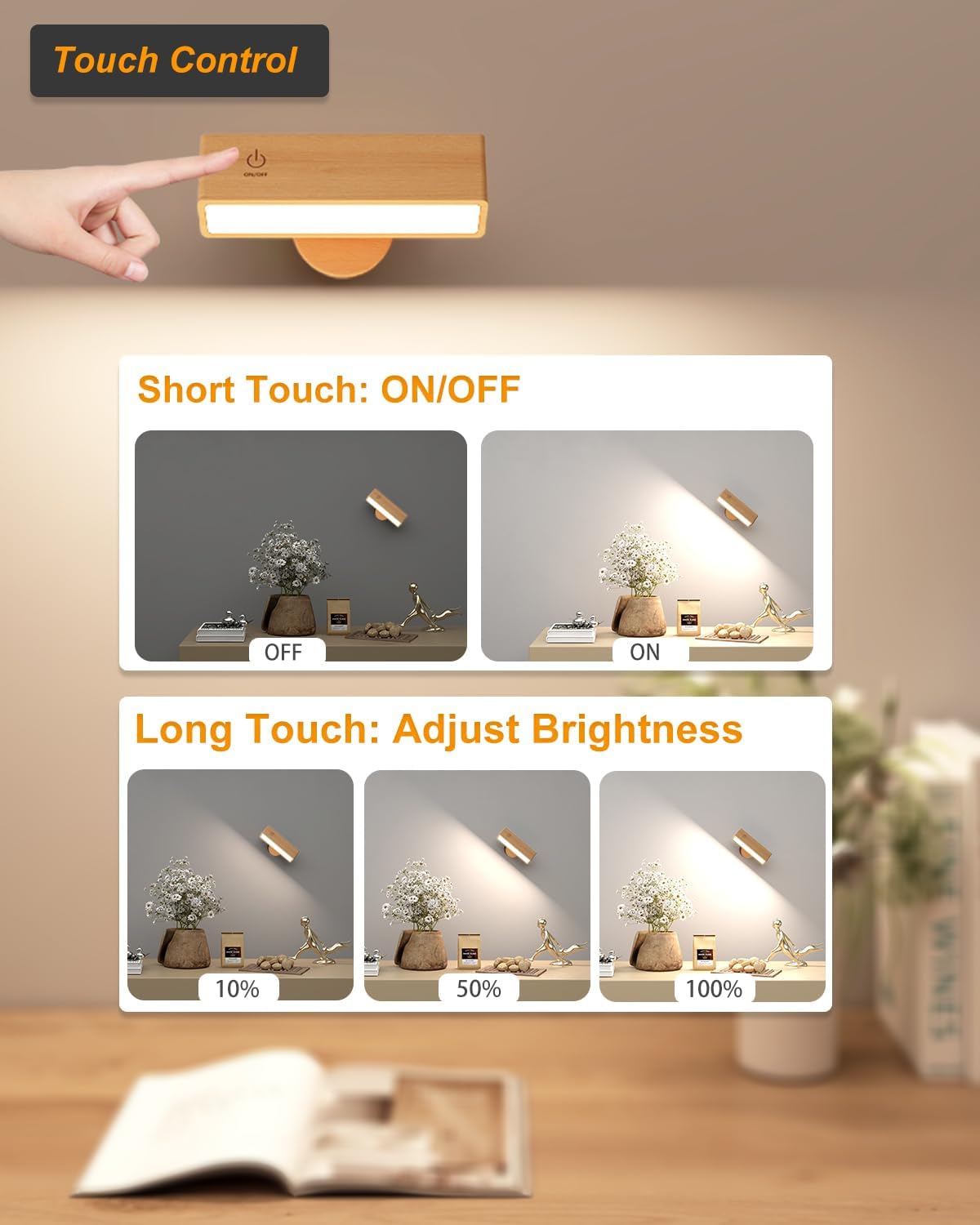 Detalle 2 de DetarZinLED applique da parete interno a batteria ricaricabile con luce LED ruotabile 360° e touch