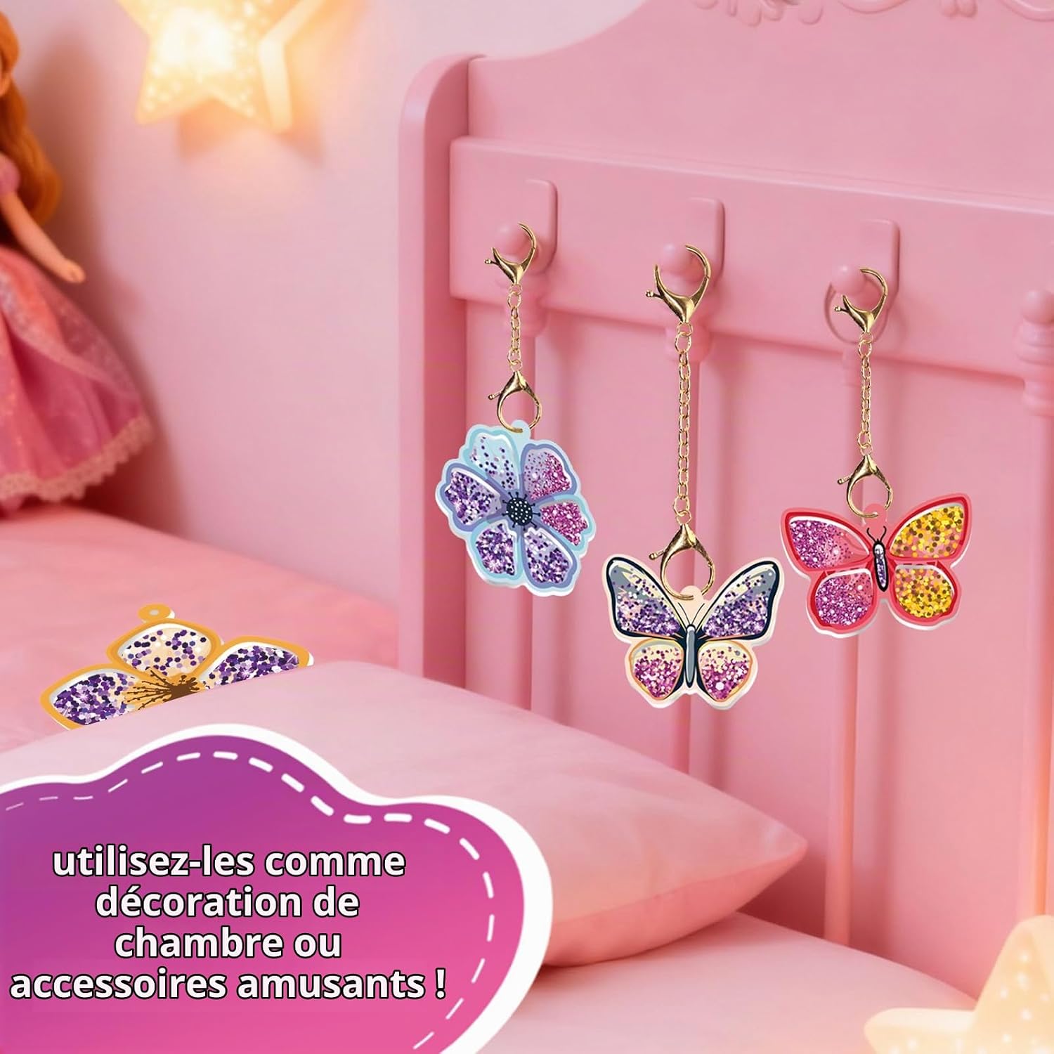 Detalle de Afufu Q9062 shaker-sleutelhangerset met glitter, bloemen en vlinders