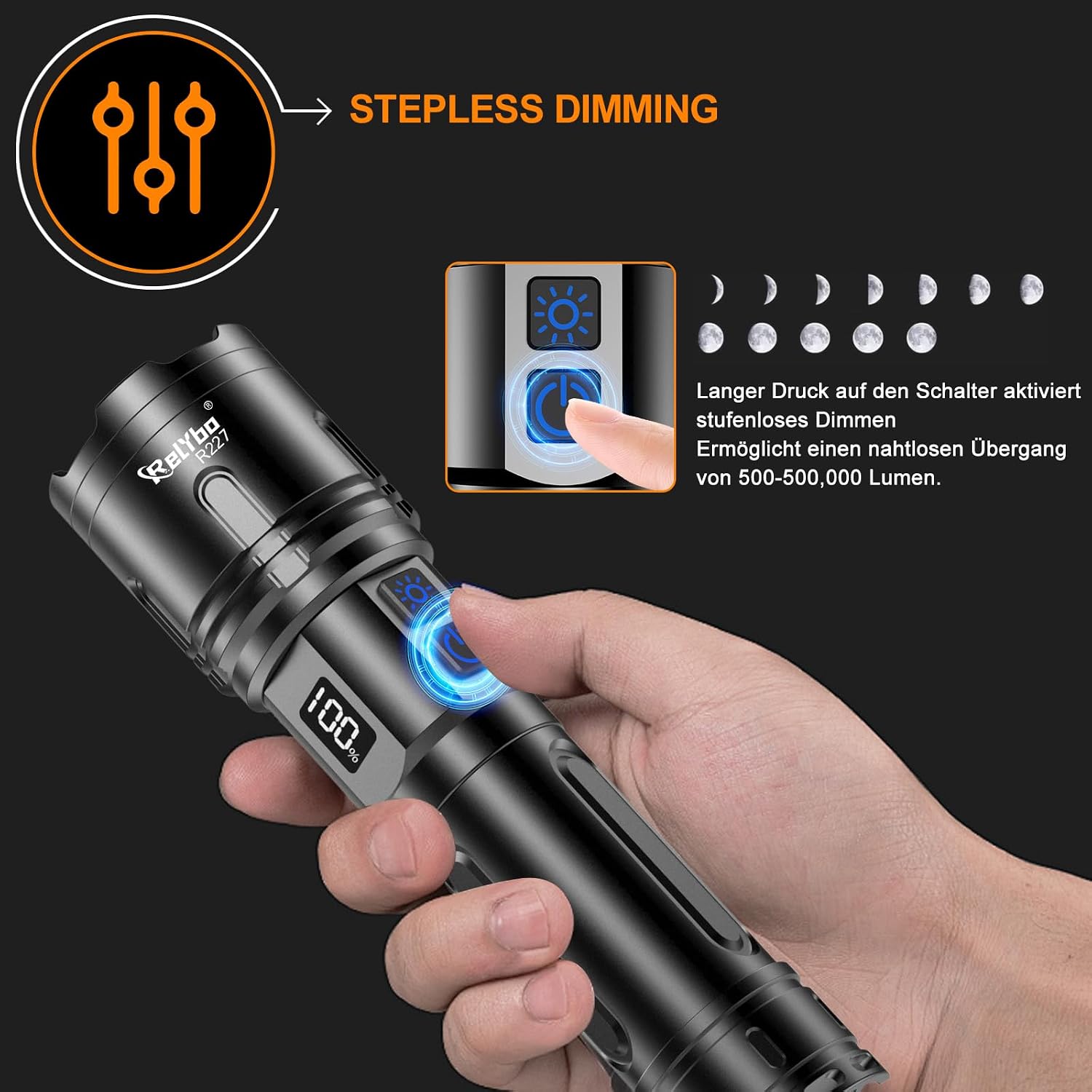 Detalle de Relybo Torches LED Super Bright 500,000 Lumen XHM90.2 Rechargeable Torch – Long-Range, Dual-Switch Portable Lighting