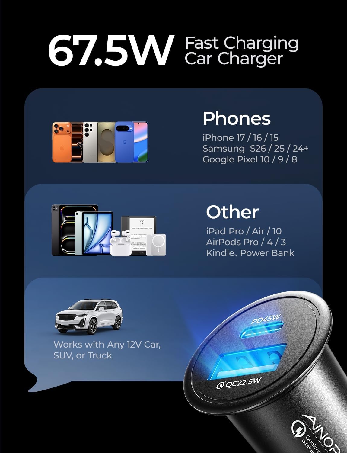 Thumbnail 6 de AINOPE 67.5W Car Charger USB-C Fast Charging 🔌