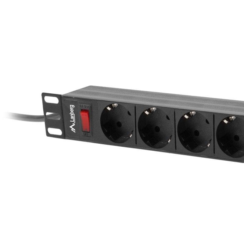 Detalle de Regleta Lanberg PDU-09F-0300-BK 1U, 9 tomas Schuko (Tipo F) en aluminio para rack 19