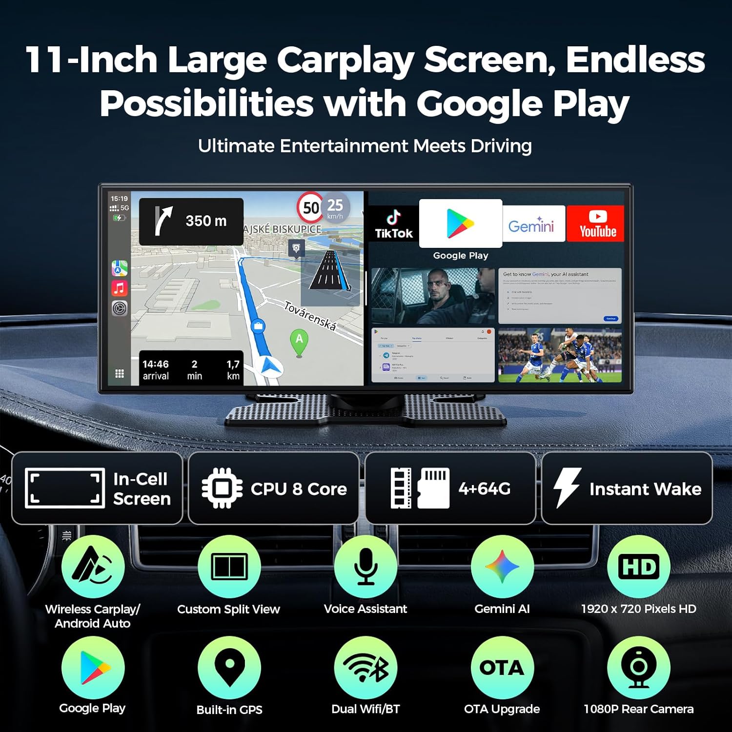 Thumbnail 1 de LAMTTO 11'' AI CarPlay Screen with Gemini AI, Google Play Apps, and 8-Core Performance