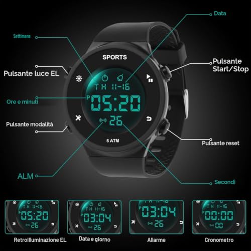 Thumbnail 2 de OFFCUP Orologio Uomo Digitale 5ATM Cronografo con LED – Cinturino in Silicone, Nero