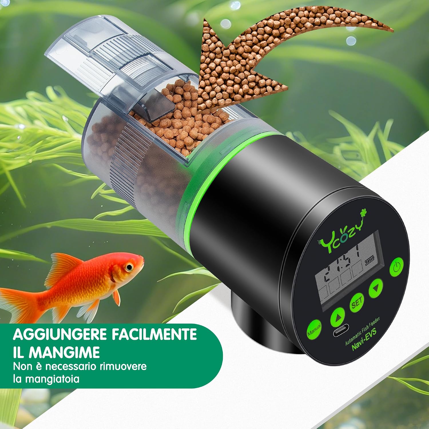 Detalle de Ycozy Mangiatoia Automatica per Acquario Navi-EVS – Alimentatore Mangiatoia USB Ricaricabile per Pesci, 600 L