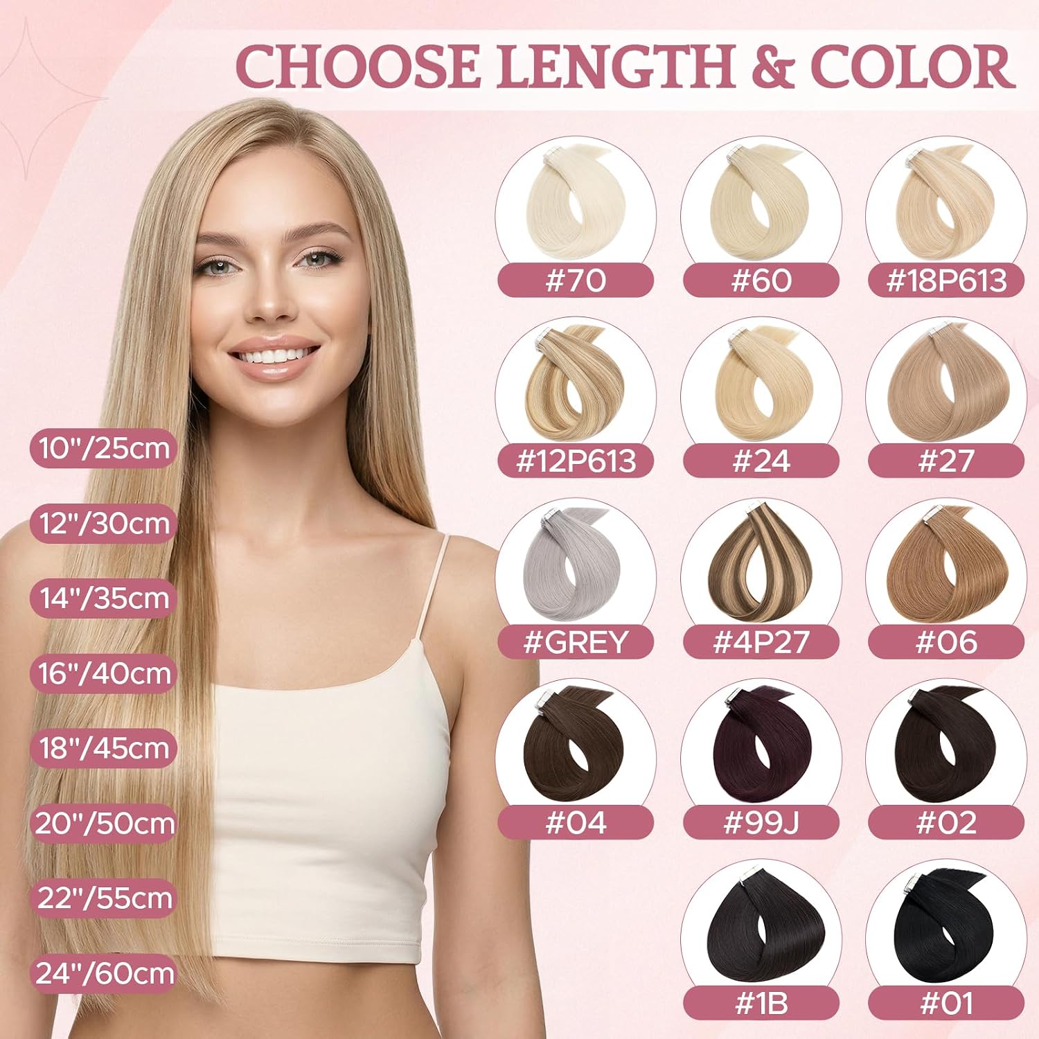 Detalle 2 de SEGO Extension Cheveux Adhésive Naturel Lisse Léger 20 Pièces 50 cm – Bande Blanche