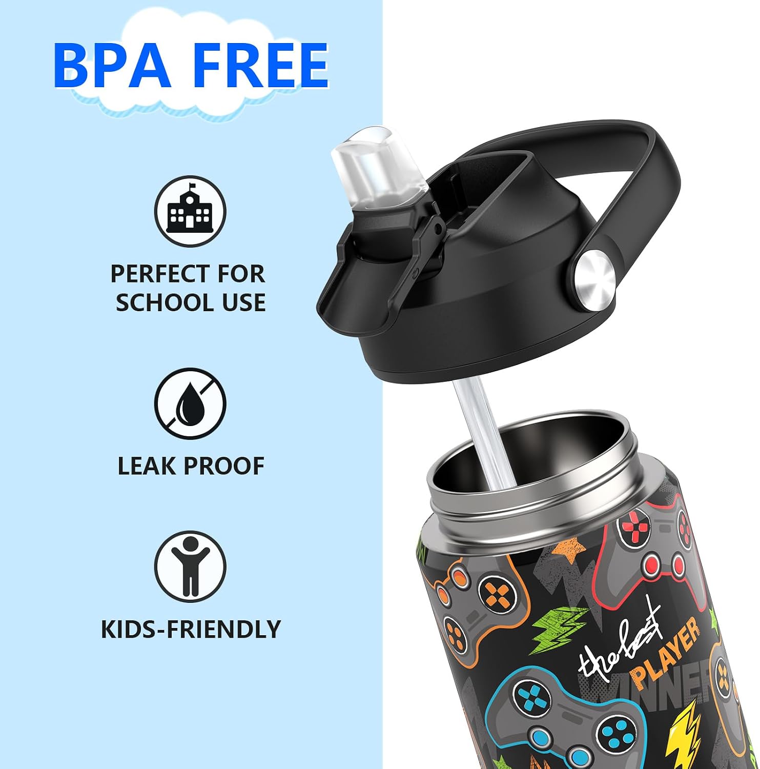 Thumbnail 2 de Ntswasd Boys Water Bottle with Straw (18 oz) — Insulated Stainless Steel Leak Proof Kids Cup