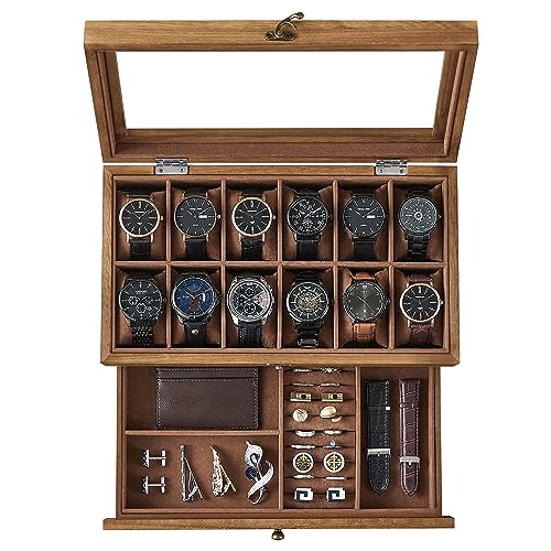 Detalle de SONGMICS Caja de Relojes con 12 Ranuras JOW012K01 – Estuche de Madera de Dos Niveles con Tapa de Cristal