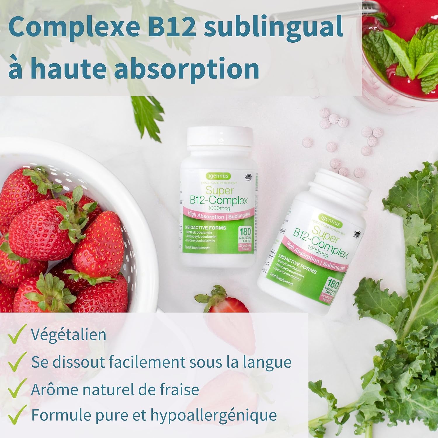 Thumbnail 1 de Igennus Complexe de vitamine B12 sublinguale (méthylcobalamine, adénosylcobalamine, hydroxocobalamine) 1000 mcg – 180 doses