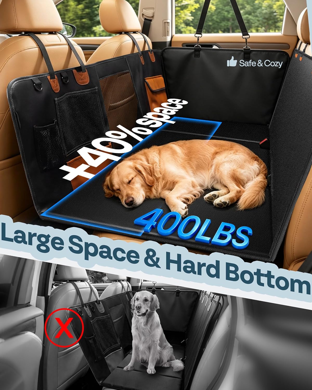 Detalle de MellowMates Dog Car Seat Cover: Hard Bottom Hammock for Large Pets