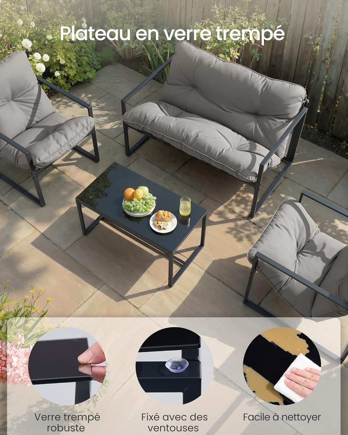 Detalle 2 de Salon de jardin SONGMICS 4 pièces (2 fauteuils, table, banquette) en acier gris avec coussins rembourrés