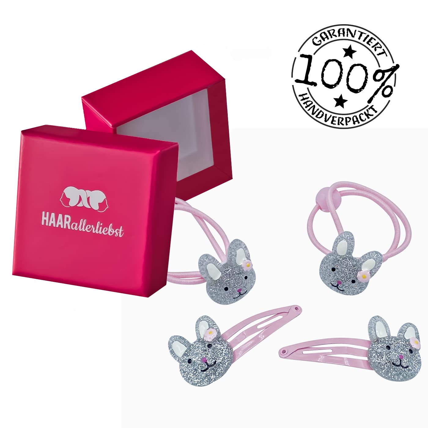 Detalle de HAARallerliebst Haarschmuck Set – 4-teilig, rosa mit Glitzer-Hasen, inkl. Aufbewahrungsschachtel