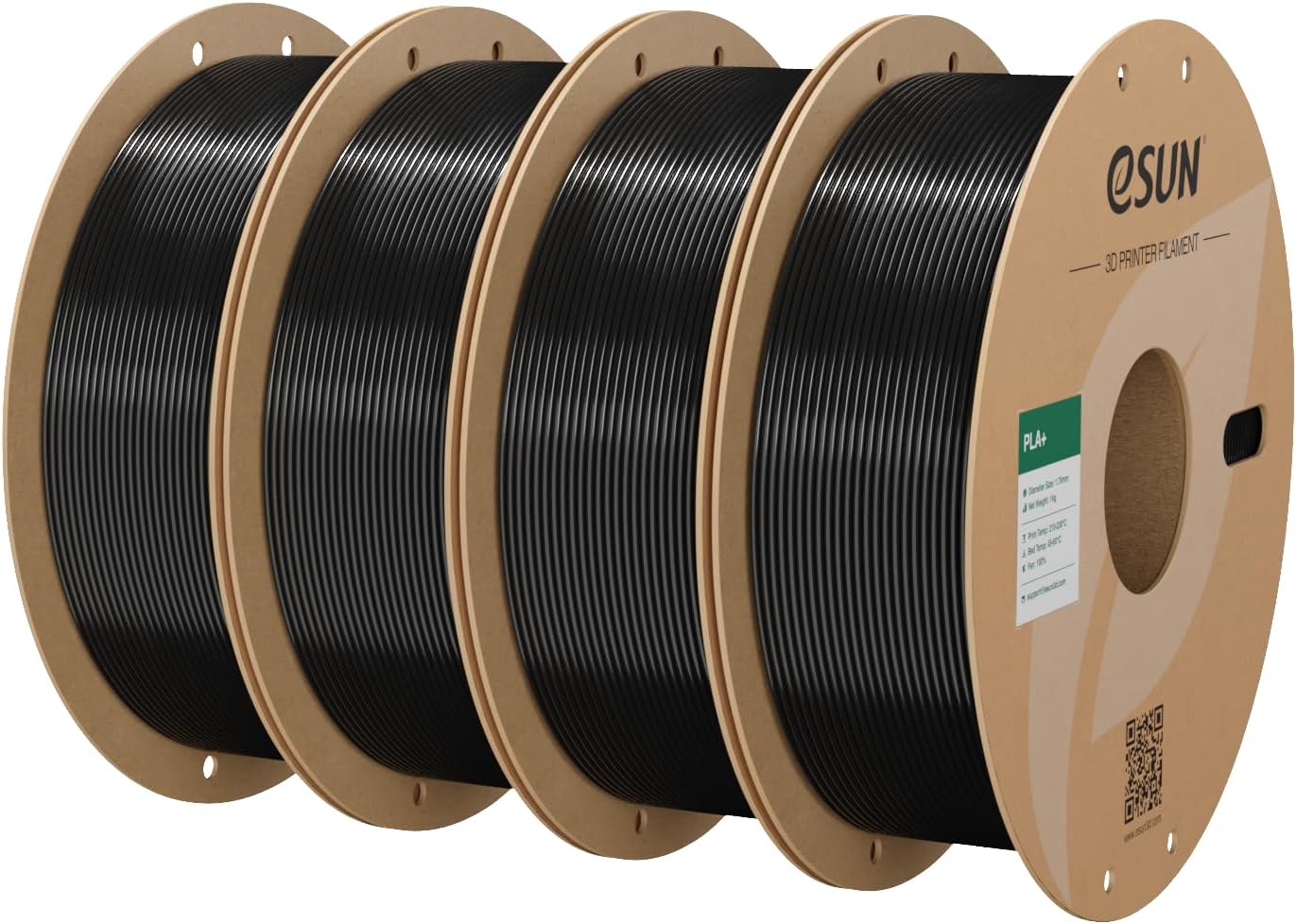 Detalle de eSUN PLA+ 1.75mm filament (PLA Plus) – enhanced toughness, ±0.03mm accuracy, 4×1KG spools in black