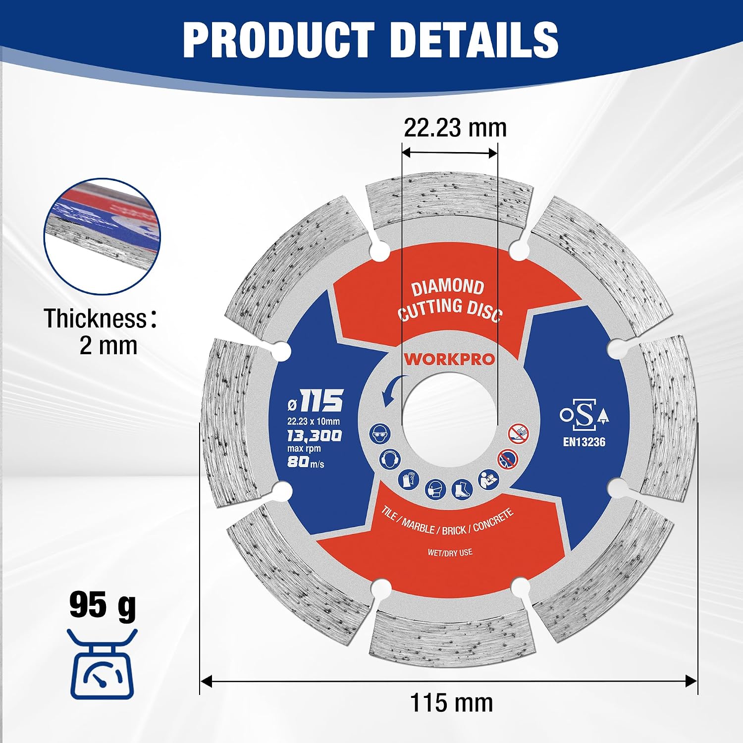 Detalle de WORKPRO 115 mm Diamond Cutting Disc (4.5") Segmented Blade for Angle Grinders – Concrete, Stone & Tile (1-Pack) – OSA Safety Certified