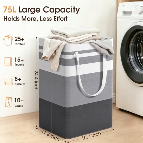 Detalle de HomeHacks 2 Pack Large Laundry Baskets (Grey, 75L x 2) with Freestanding Metal Frame