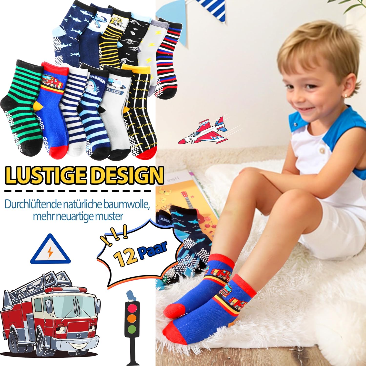 Thumbnail 2 de Welwoos 12 Paar Stoppersocken für Jungen – rutschfeste Baumwoll-Antirutschsocken