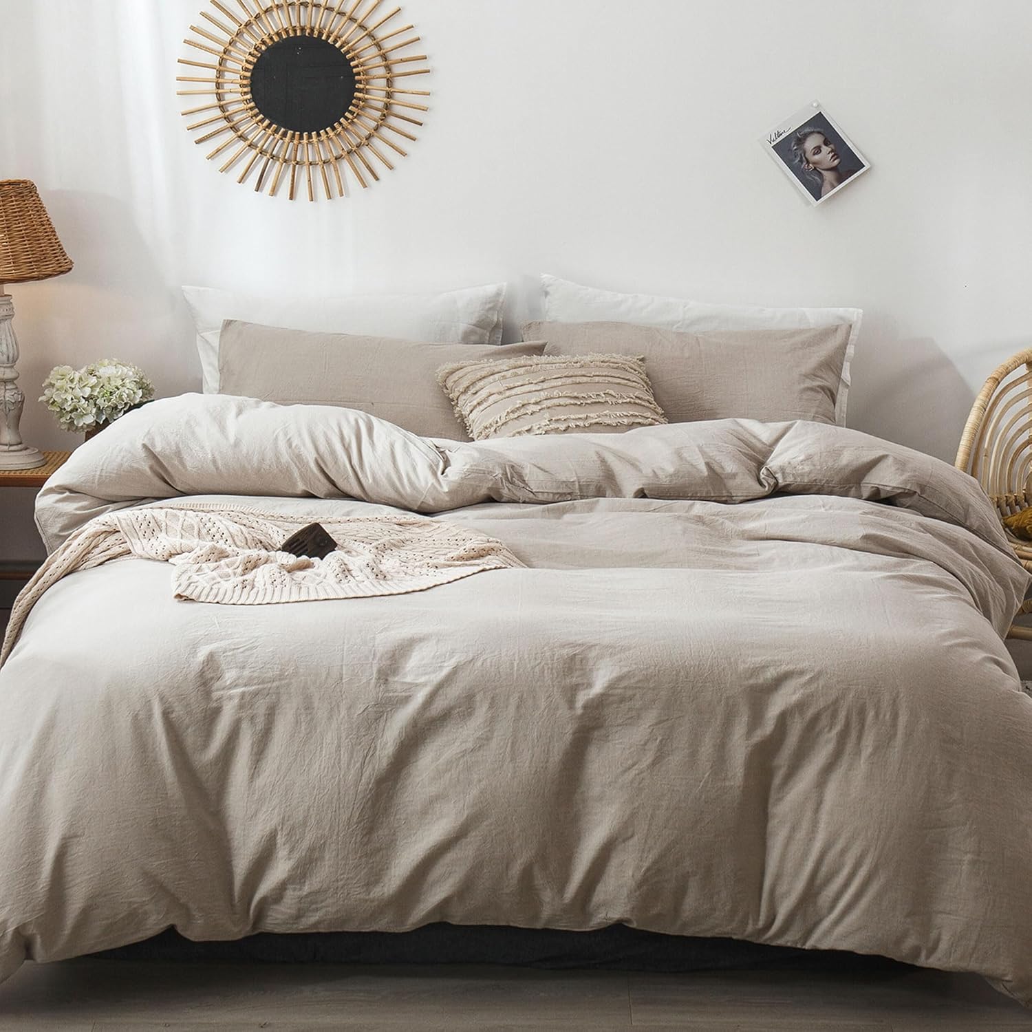 Detalle de MooMee Bedding Washed Cotton Duvet Cover Set (Queen) — Heathered Tannish Linen Grey, Soft & Breathable