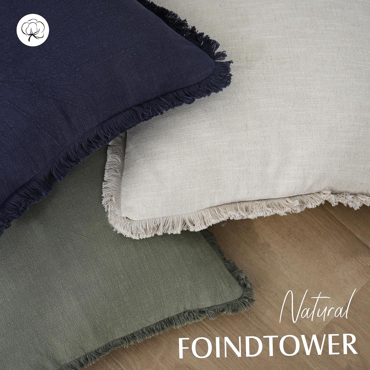 Detalle de Foindtower 2-Pack Decorative Linen Fringe Throw Pillow Covers (26x26) – Natural Beige