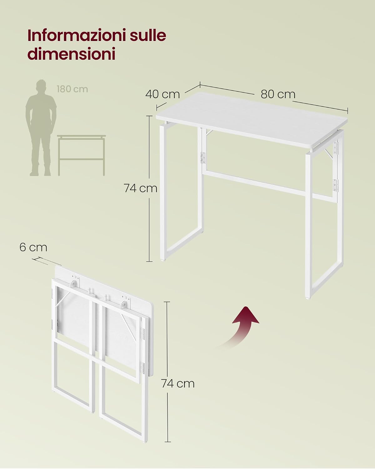 Detalle de VASAGLE Scrivania per Computer Pieghevole LWD151WF01 — Piano unico, 80 x 40 cm, bianco neve
