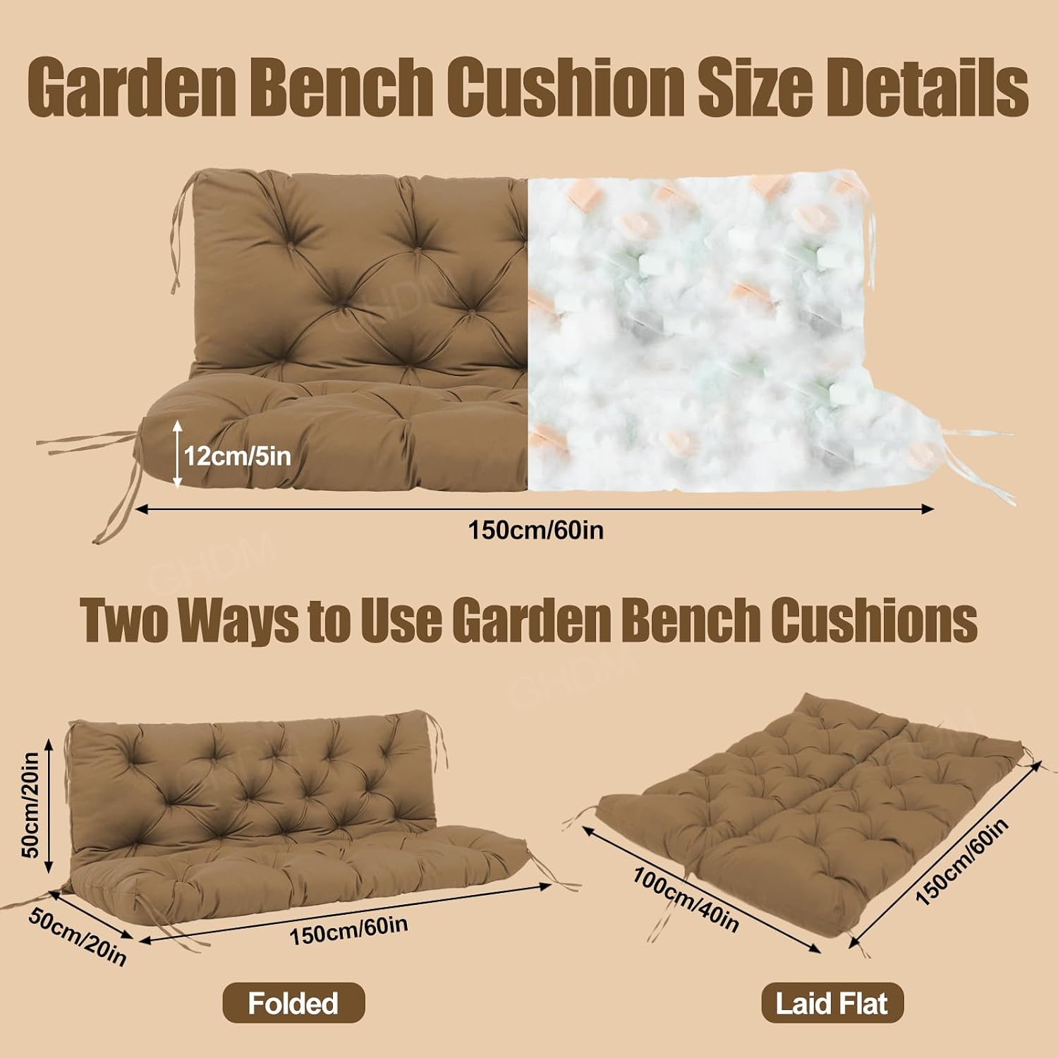 Thumbnail 4 de GHDM Garden Bench Cushion Thick 12cm Swing Cushions for 3-Seater with Backrest and Ties (150cm, Brown)
