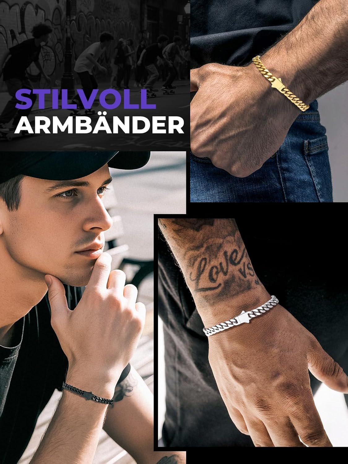 Thumbnail 2 de Richsteel Cuban Gliederarmband für Herren – Edelstahl Armband in Silber/Gold/Schwarz, Breite 5/7/9/12 mm