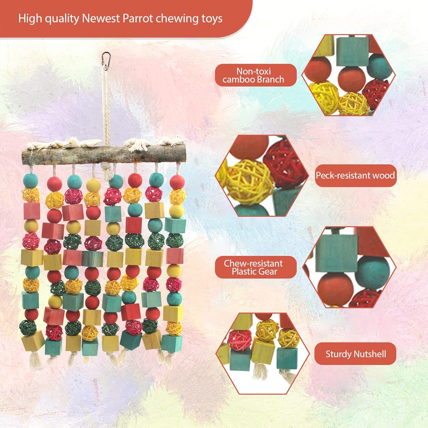 Detalle de MQUPIN Large Parrot Toys: Natural Wooden Blocks for Large Parrots