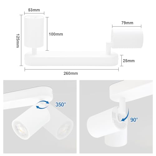 Detalle de KYOTECH Lámpara de Techo LED Blanca con 2 Focos GU10 Orientables y Giratorios