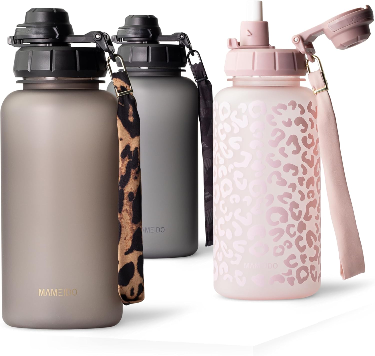 Detalle de MAMEIDO Trinkflasche mit Strohhalm, Zeitmarkierung und 1 l Inhalt – auslaufsicheres Tritan-Modell in Urban Taupe