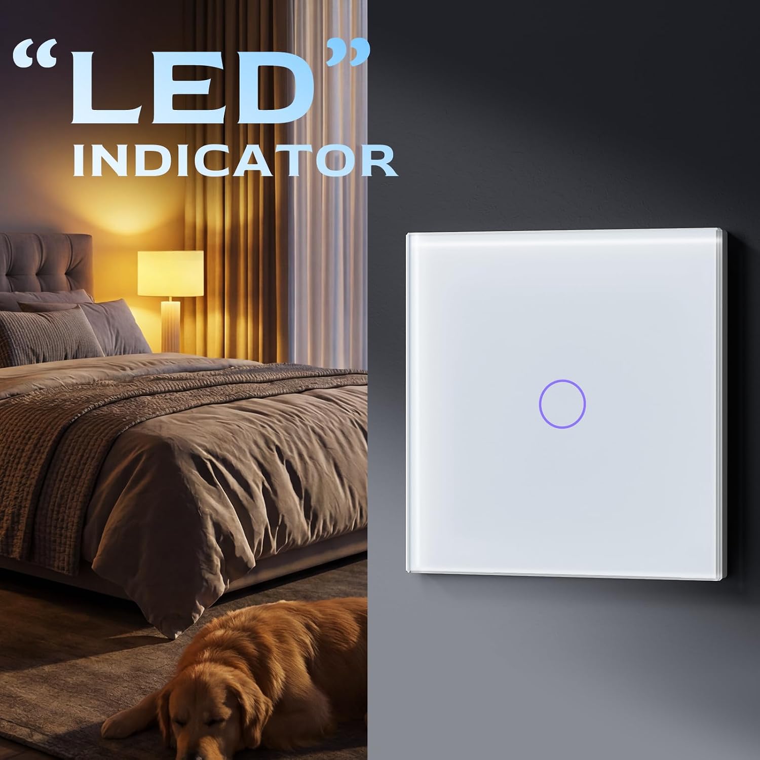 Detalle de BSEED Touch Light Switch (Tempered Glass Panel, LED Indicator) – 1 Gang, 1 Way, White (No Neutral Wire)